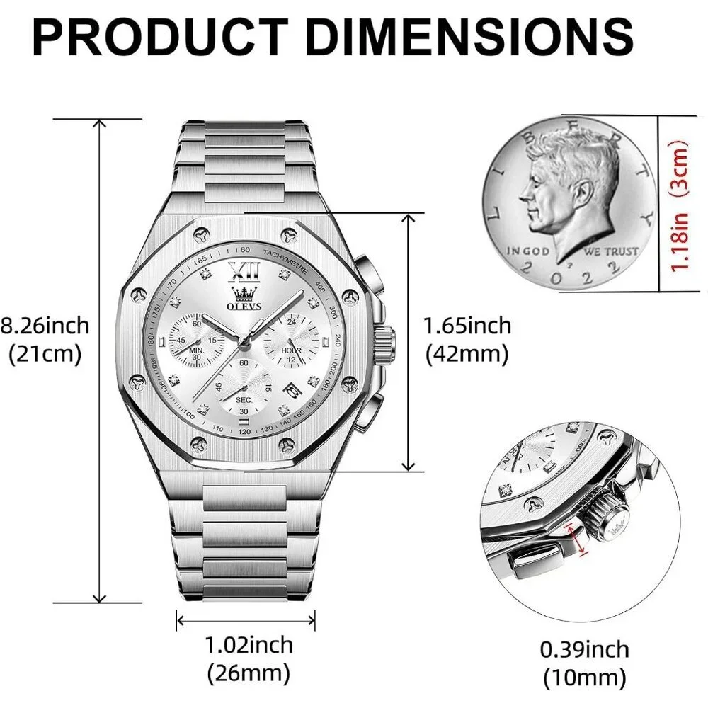 Olevs Men's Sliver Stainless Steel Man Watch with Date Luminous Stylish Watch